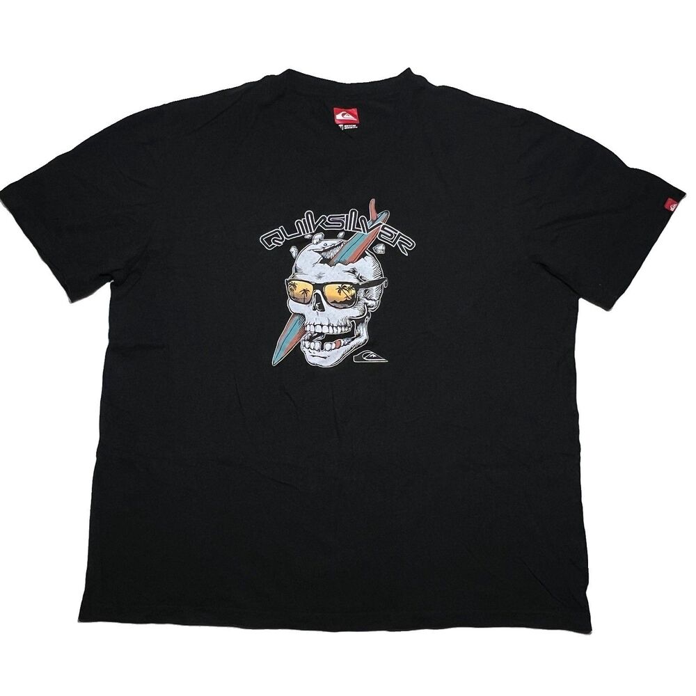 Quiksilver Skull Surfboard T Shirt Mens Xl Black Graphic Surf Skate Tee